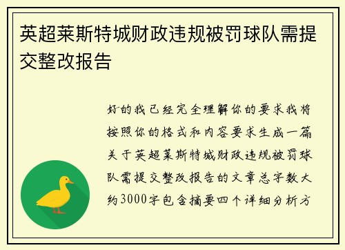 英超莱斯特城财政违规被罚球队需提交整改报告 英超莱斯特城财政违规被罚球队需提交整改报告