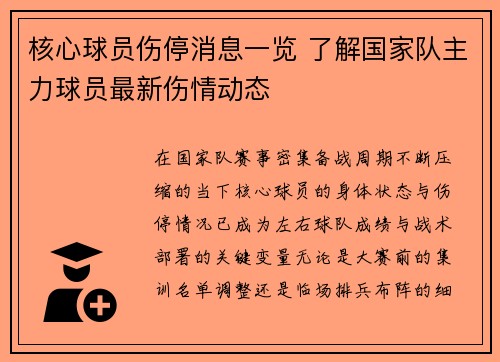 核心球员伤停消息一览 了解国家队主力球员最新伤情动态 核心球员伤停消息一览 了解国家队主力球员最新伤情动态